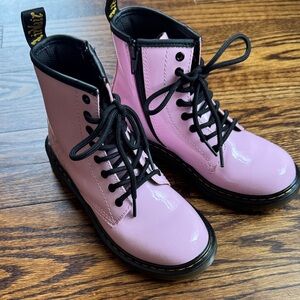 Girls Pink Patent Lace-Up Doc Marten Boots with Black Trim